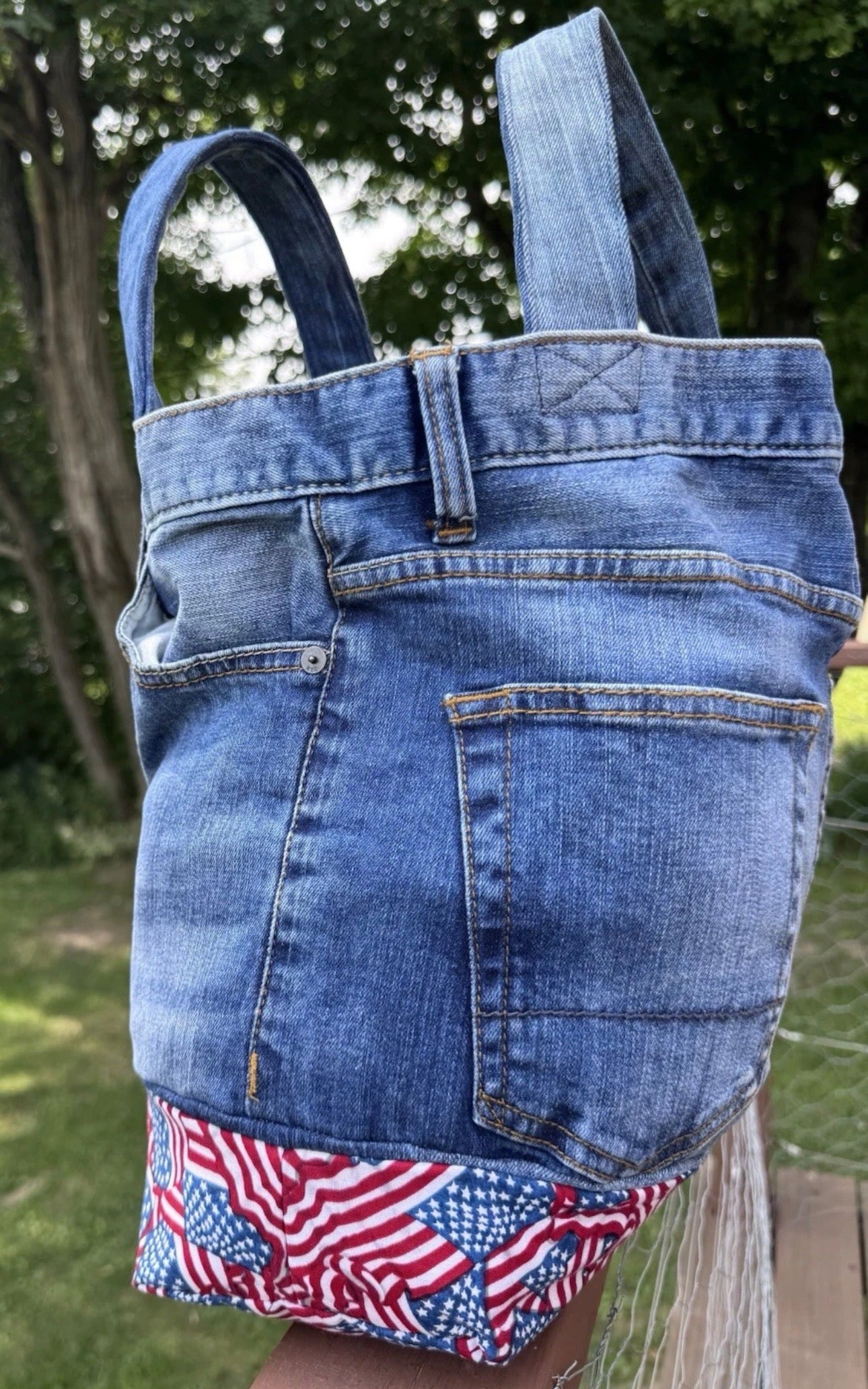 American Flag Jeans Handmade Medium Size Repurposed Denim Blue Jeans Bag Tote For Beach, Groceries, Work, Or Purse