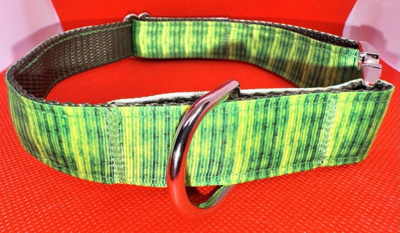 Dog Collar Green Striped Print Large Handmade Heavy Duty W/Buckle NEW
