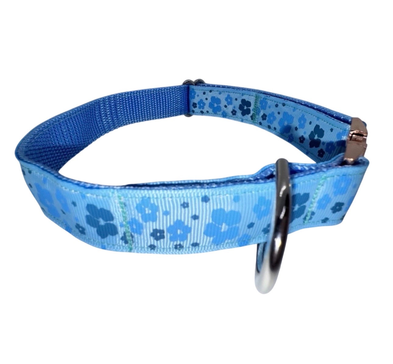 Dog Collar Blue Flowers & Rose Gold Large Handmade Heavy Duty Metal Buckle NEW