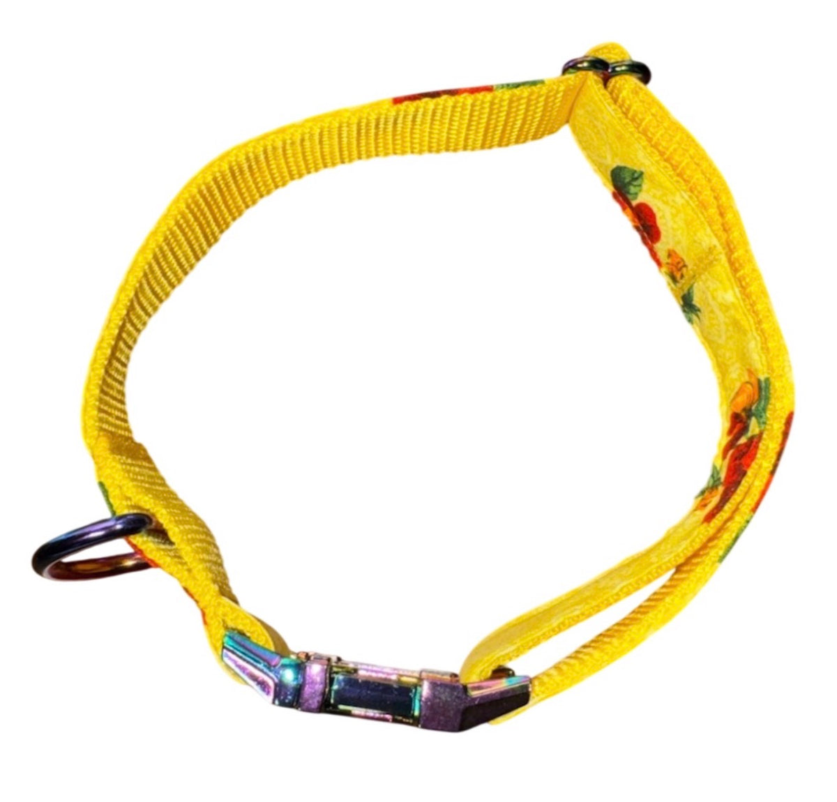 Dog Collar Yellow Floral Flower Print Size Large Handmade Heavy Duty W/ Metal Iridescent Buckle NEW