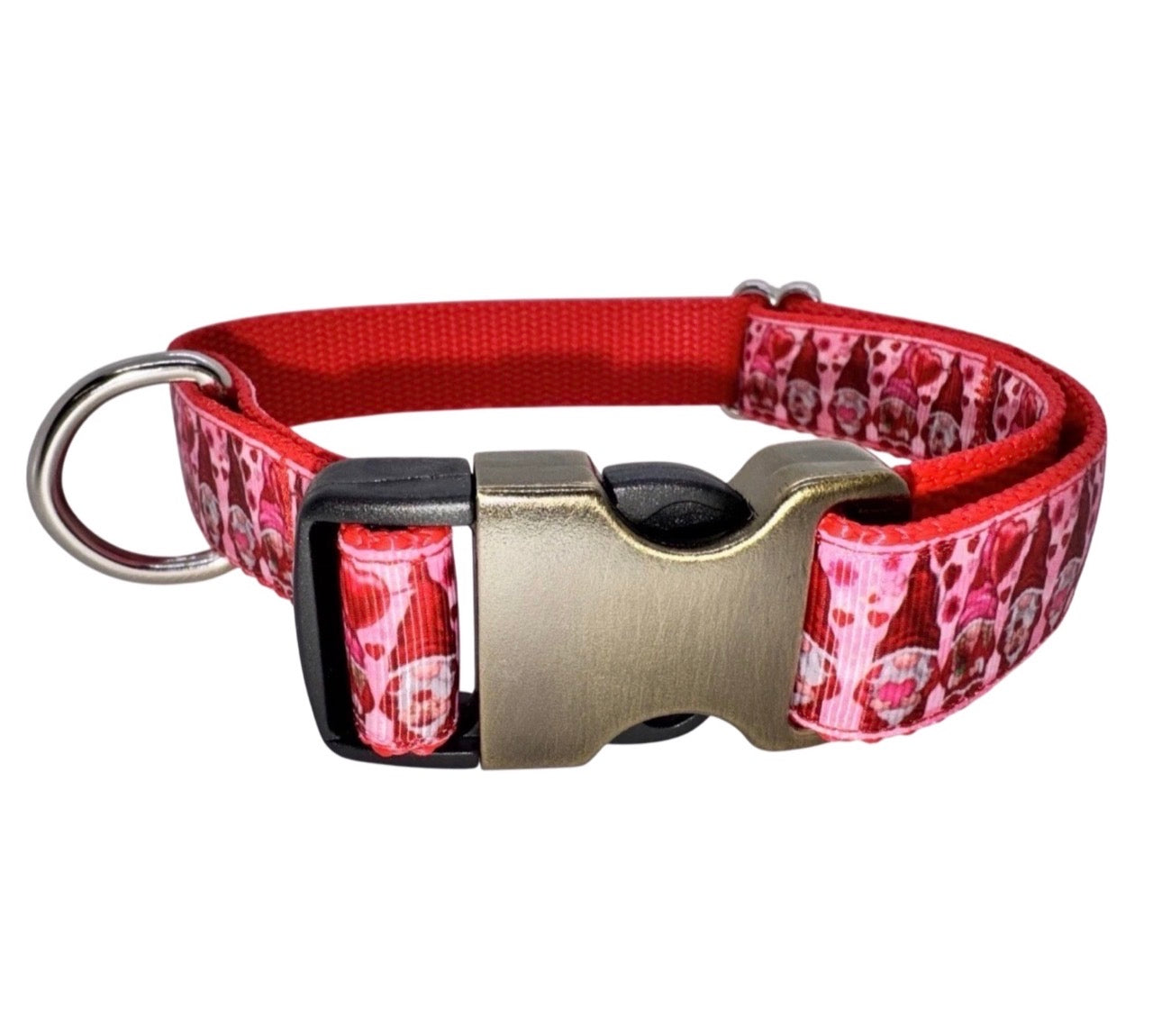 Dog Collar Pink & Red Gnomes Valentine’s Large Handmade Heavy Duty W/Buckle NEW