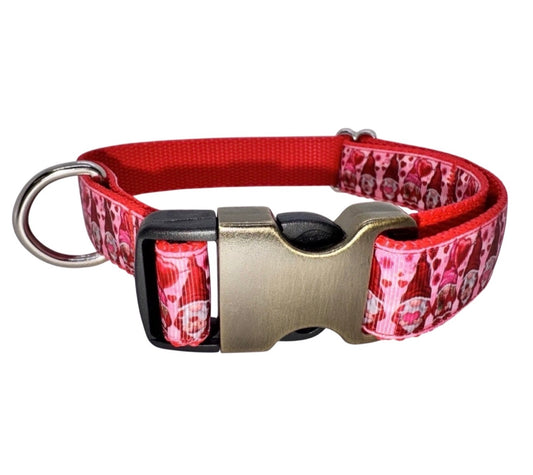 Dog Collar Pink & Red Gnomes Valentine’s Large Handmade Heavy Duty W/Buckle NEW