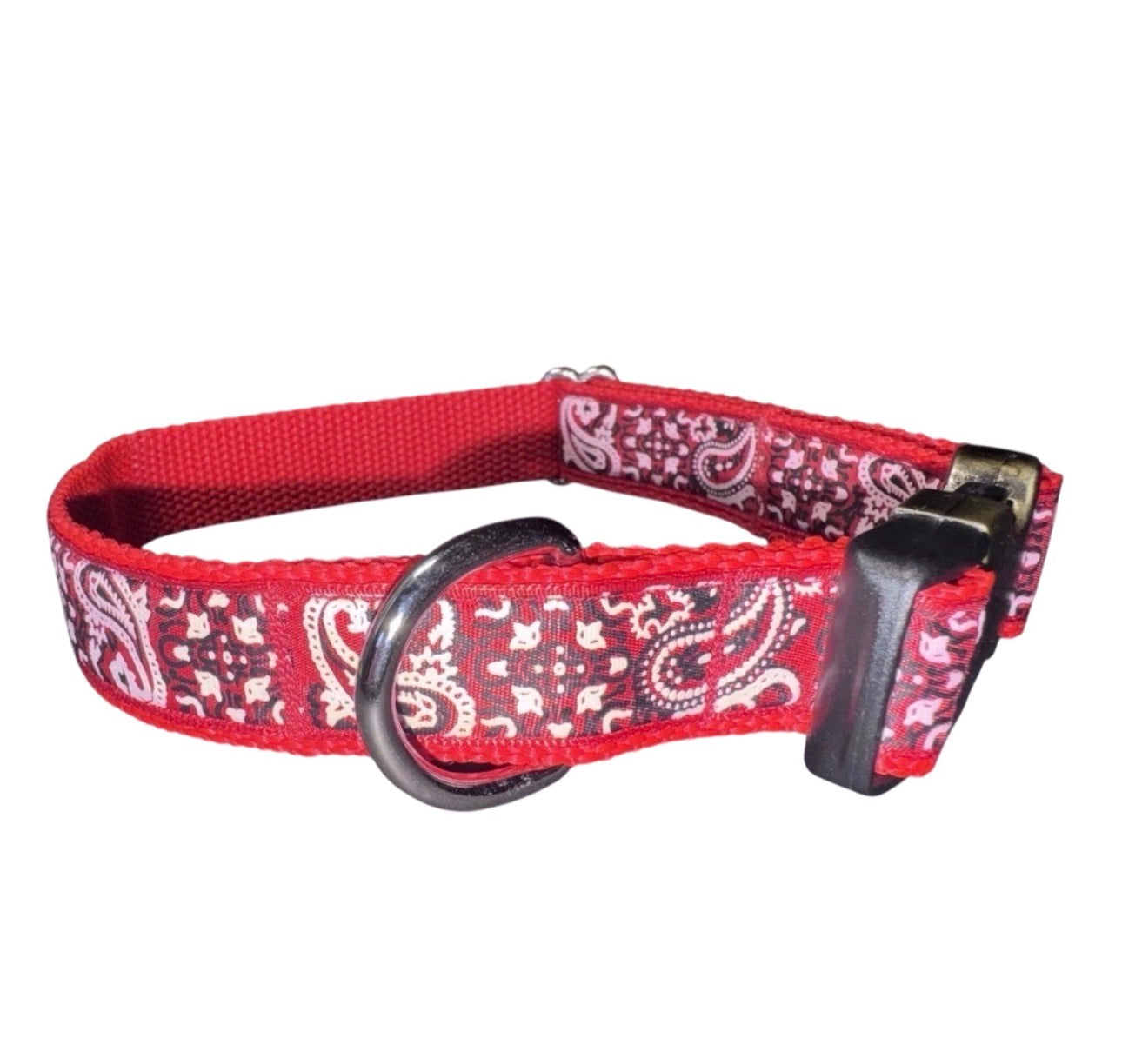 Dog Collar Red Paisley Bandana Print Large Handmade Heavy Duty W/Buckle NEW