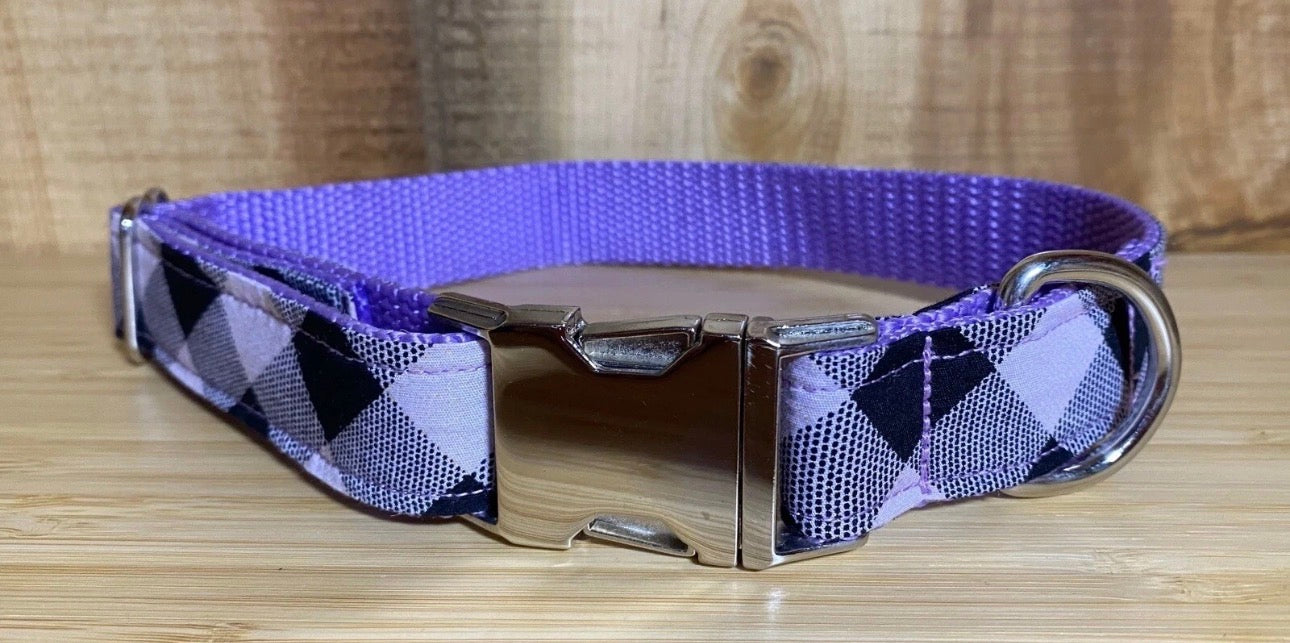 Dog Collar Plaid Purple Large Handmade Heavy Duty Metal Buckle NEW