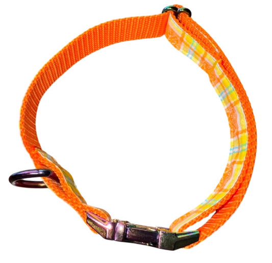 Dog Collar Yellow & Orange Plaid Vintage Print Size Large Handmade Heavy Duty W/ Iridescent Metal Buckle NEW