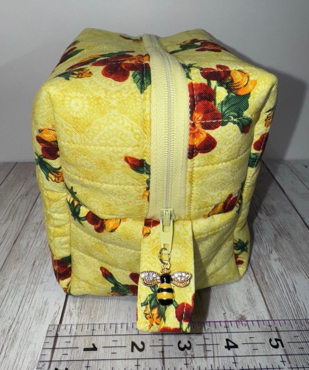 Boxy Makeup Bag Yellow Floral Theme Handmade Makeup Travel Toiletrie Bag