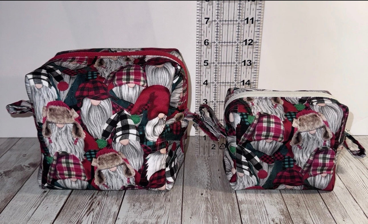 Boxy Makeup Bag Gnome Christmas Lumberjack Theme Set Of 2 Handmade Bags