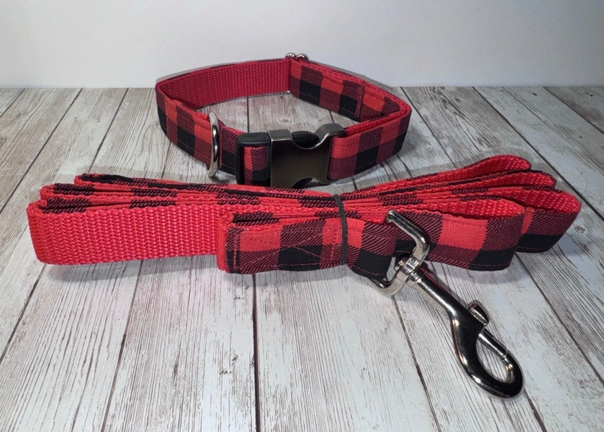 Dog Collar & Leash Buffalo Plaid Large Handmade Heavy Duty Multi Color Print NEW