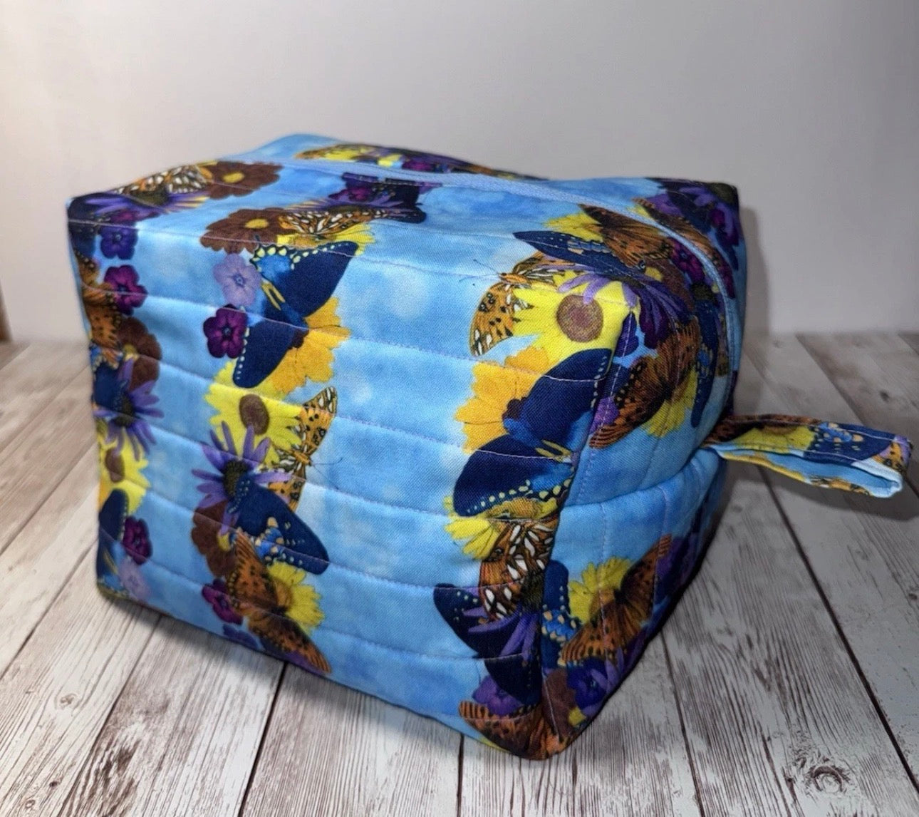 Boxy Handmade Quilted Butterfly Makeup/Toiletrie Travel Bag 5.5”x7.5x6”