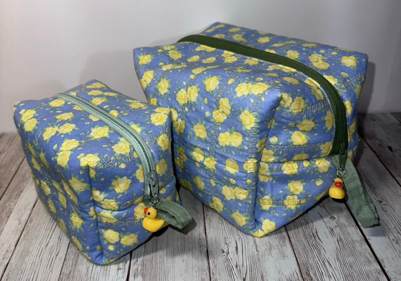 Boxy Makeup Bag Quilted Floral With Duck Charms Handmade Travel Bags Set Of 2