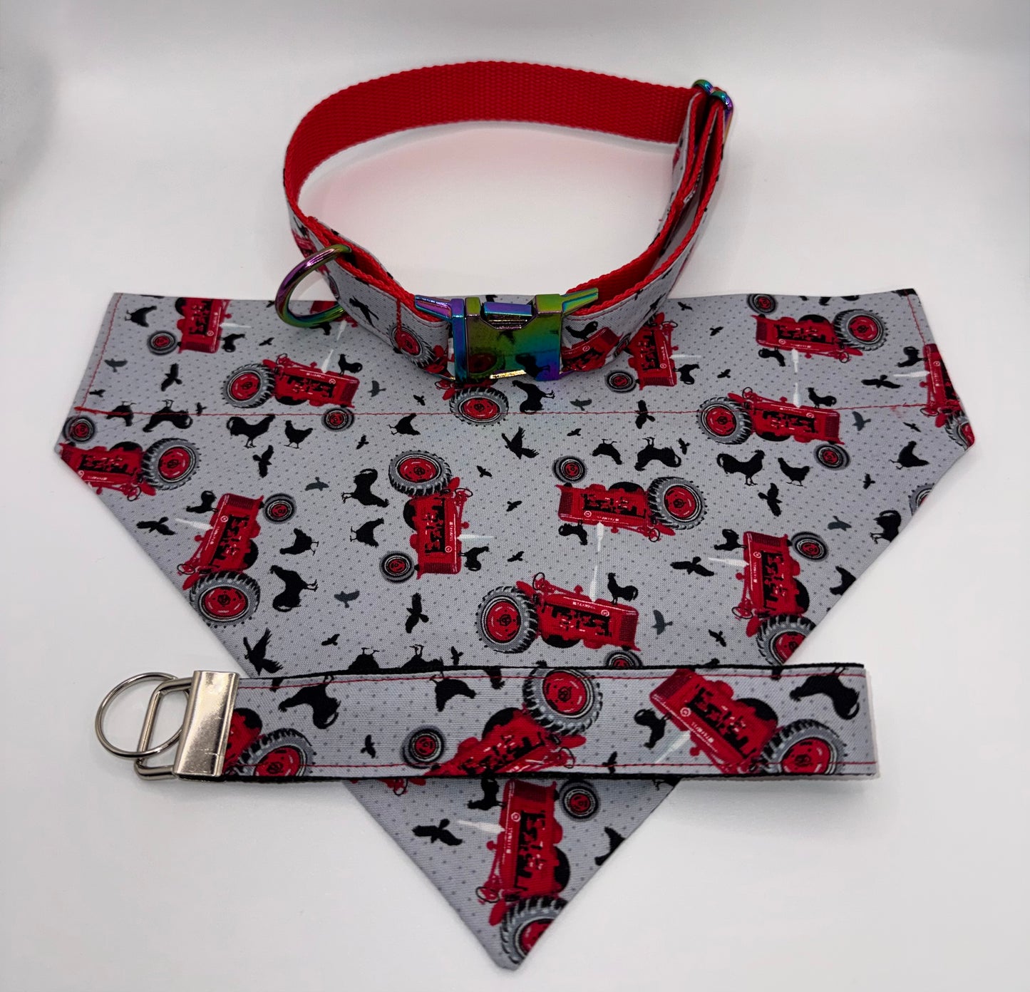Dog Collar & Bandana Farm Tractor Print Red Large Handmade Heavy Duty NEW