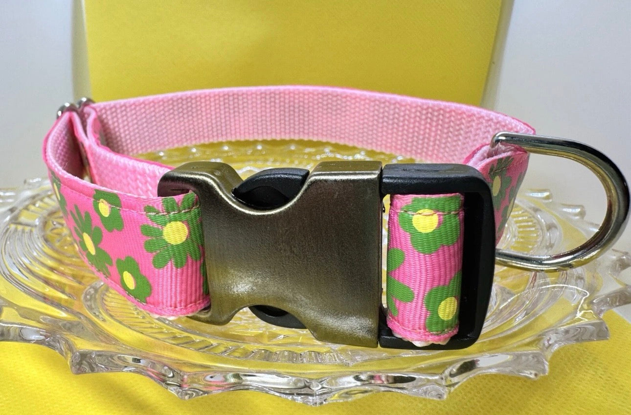 Large Handmade Heavy Duty Dog Collar Pink With Green Flowers Print