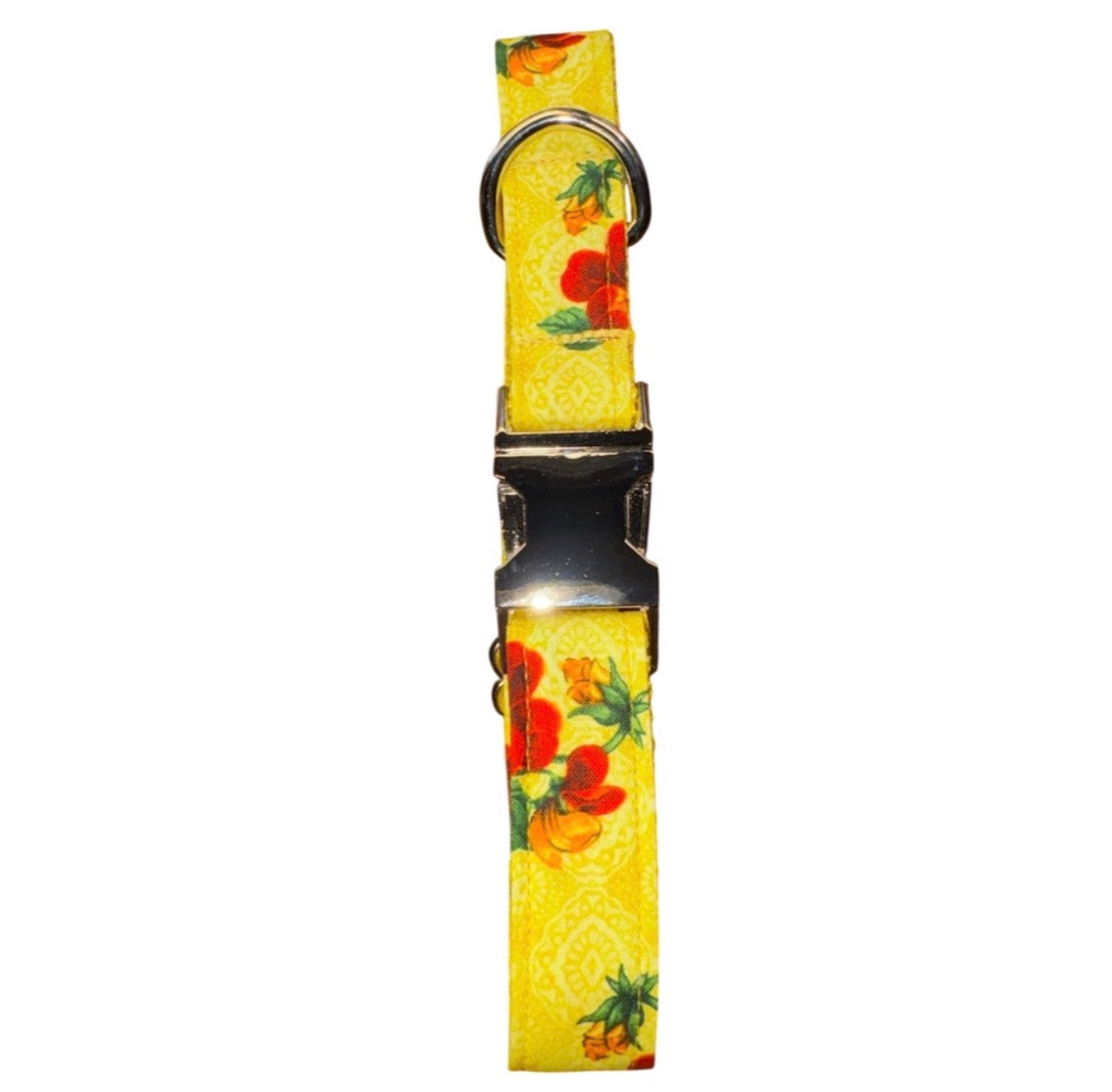 Dog Collar Yellow Floral Flower Print Size Large Handmade Heavy Duty W/ Metal Buckle NEW