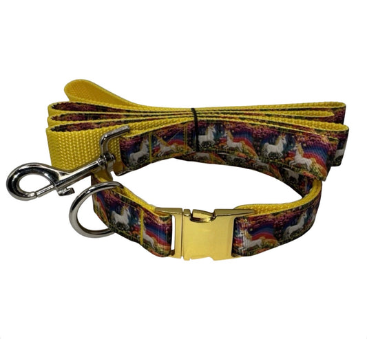 Dog Collar & Leash Yellow Unicorn Rainbow Print Large Handmade Heavy Duty NEW