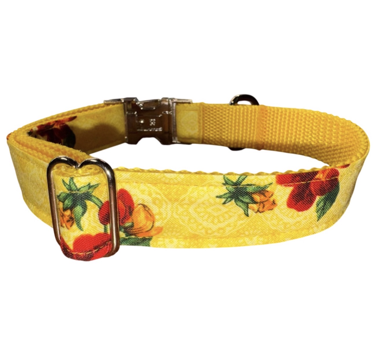 Dog Collar Yellow Floral Flower Print Size Large Handmade Heavy Duty W/ Metal Buckle NEW