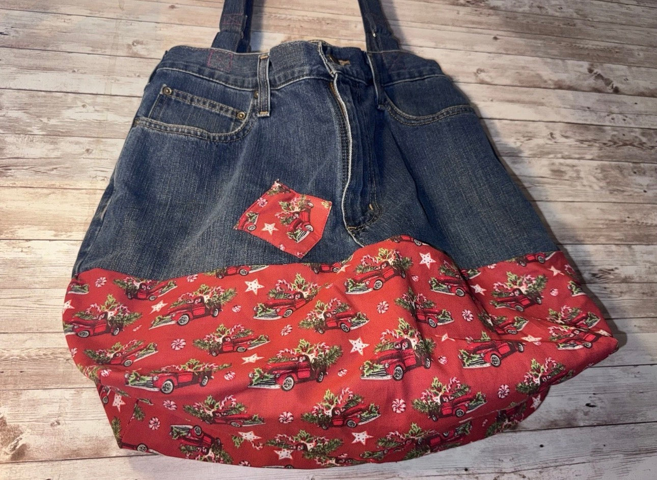 Red Truck Jeans Handmade Large Recycled Bag Tote Beach, Groceries, Work Or Purse