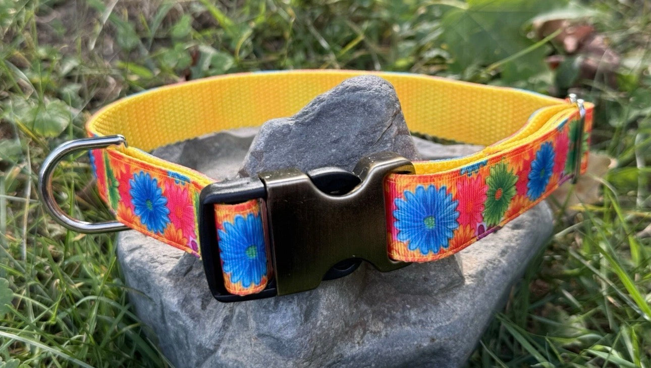 Dog Collar Yellow Flower Large Handmade Heavy Duty Pattern NEW