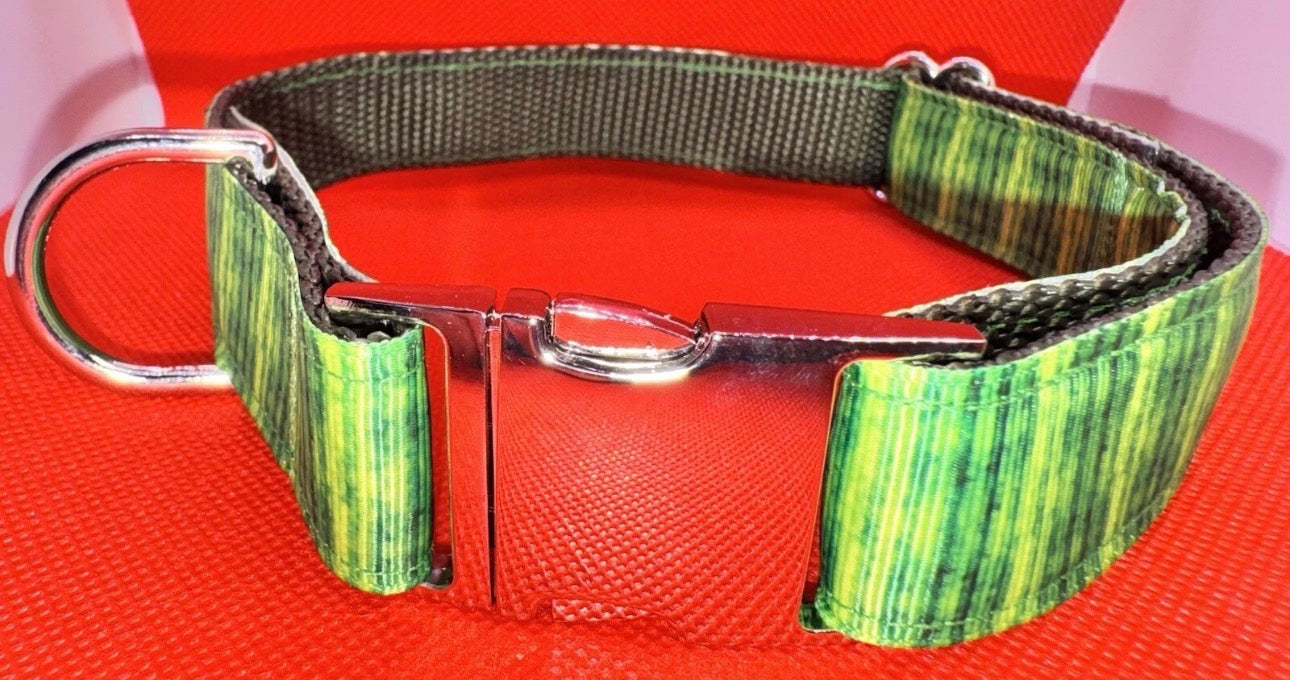 Dog Collar Green Striped Print Large Handmade Heavy Duty W/Buckle NEW