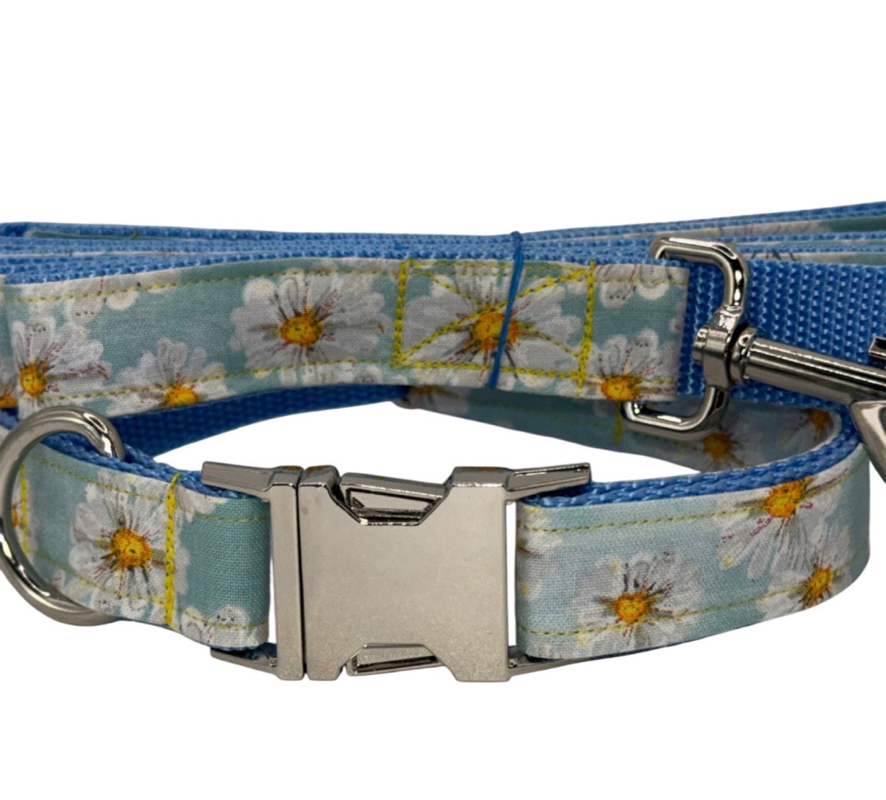 Dog Collar & Leash Yellow Daisy & Flower Print Large Handmade Heavy Duty Metal Buckle NEW