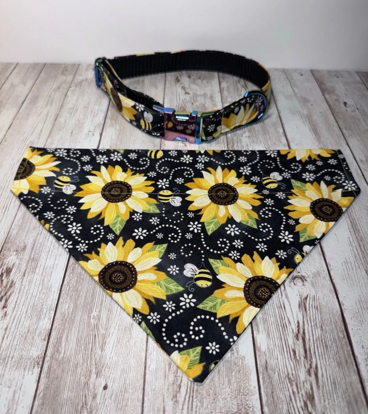 Dog Collar & Bandana Yellow Sunflower Print Large Handmade Heavy Duty NEW