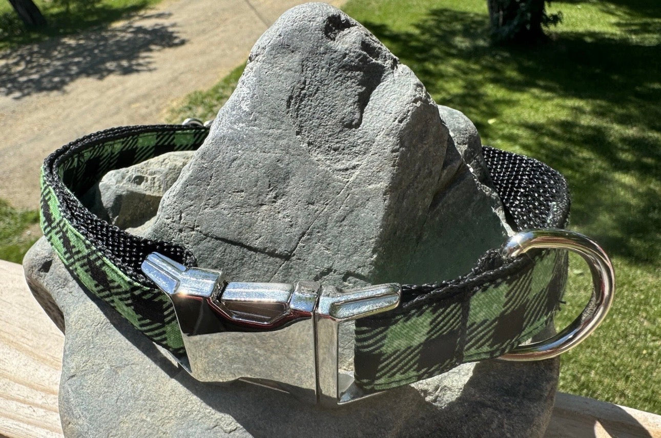 Dog Collar Plaid Green Large Handmade Heavy Duty Metal Buckle NEW