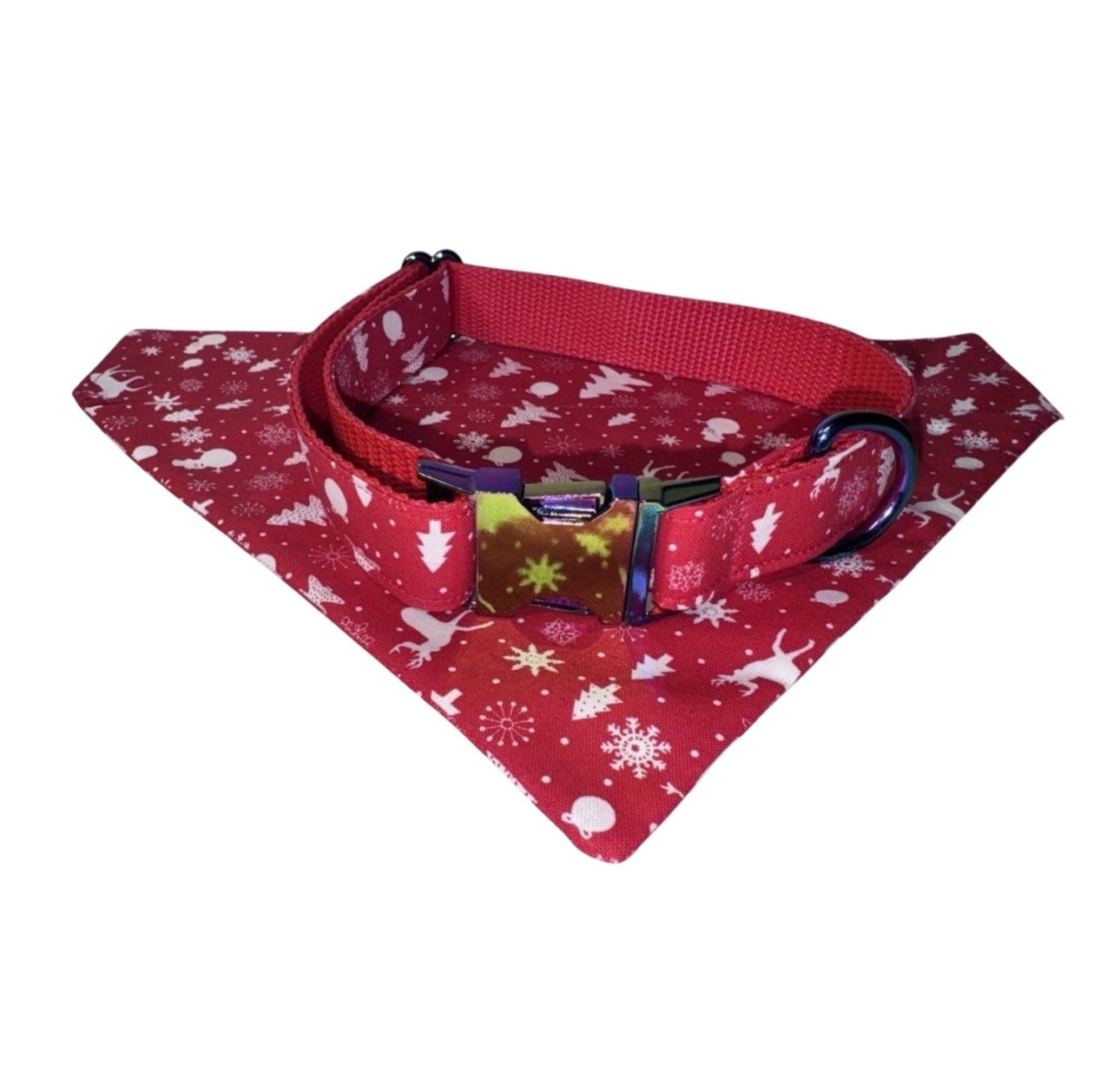 Bandana & Large Dog Collar Set Reindeer Red Christmas Theme Large Handmade Heavy Duty NEW