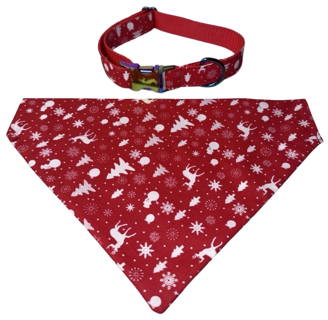 Bandana & Large Dog Collar Set Reindeer Red Christmas Theme Large Handmade Heavy Duty NEW