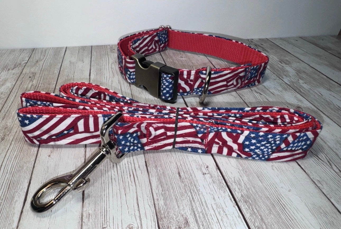 Dog Collar & Leash American Flag Print 4th Of July Large Handmade Heavy Duty NEW