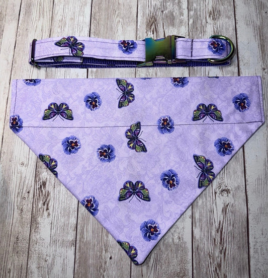 Dog Collar & Bandana Purple Butterfly Print Large Handmade Heavy Duty NEW