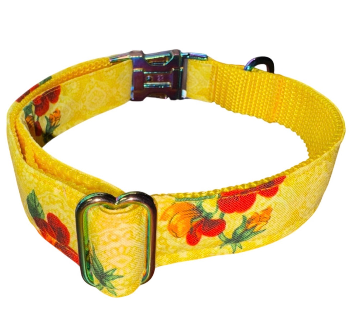 Dog Collar Yellow Floral Flower Print Size Large Handmade Heavy Duty W/ Metal Iridescent Buckle NEW