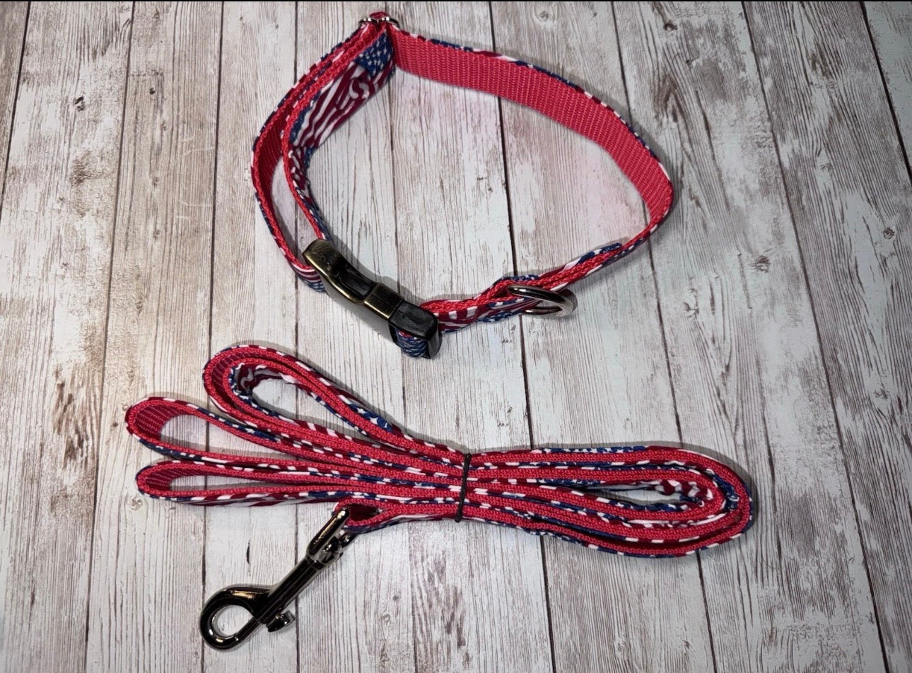 Dog Collar & Leash American Flag Print 4th Of July Large Handmade Heavy Duty NEW