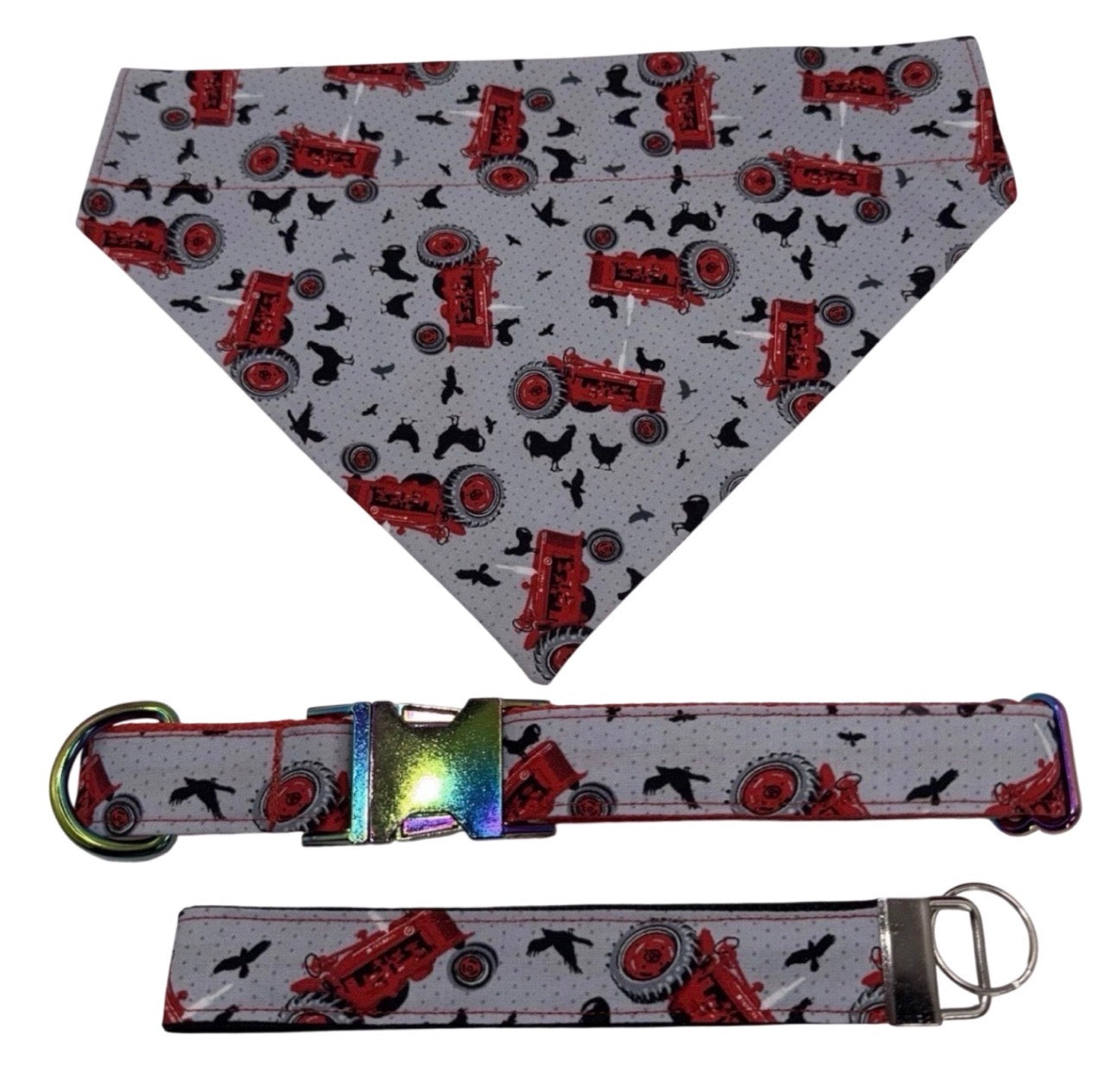 Bandana & Large Dog Collar Set Farm Tractor Print Red Handmade Heavy Duty NEW
