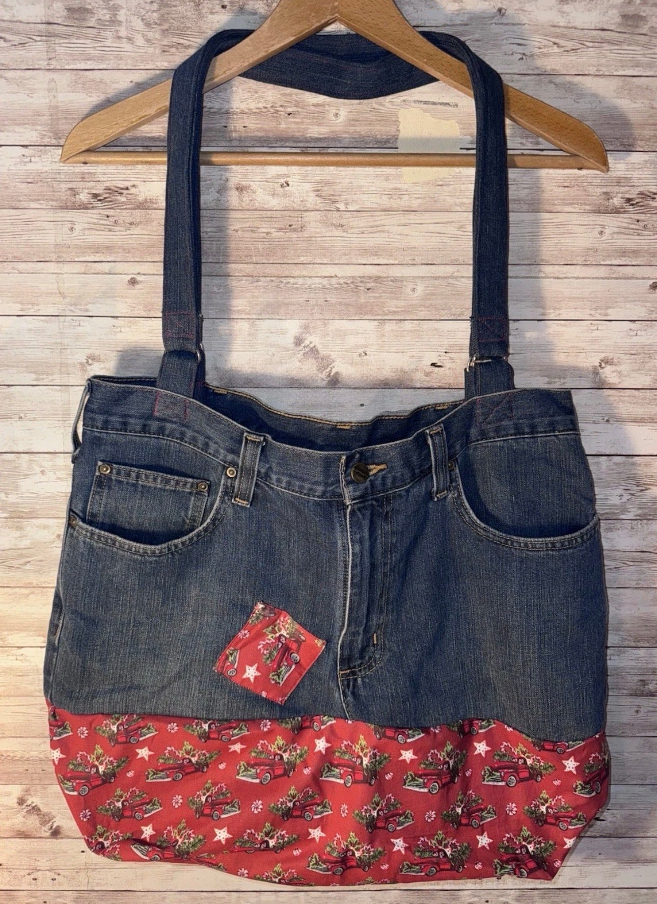 Red Truck Jeans Handmade Large Recycled Bag Tote Beach, Groceries, Work Or Purse