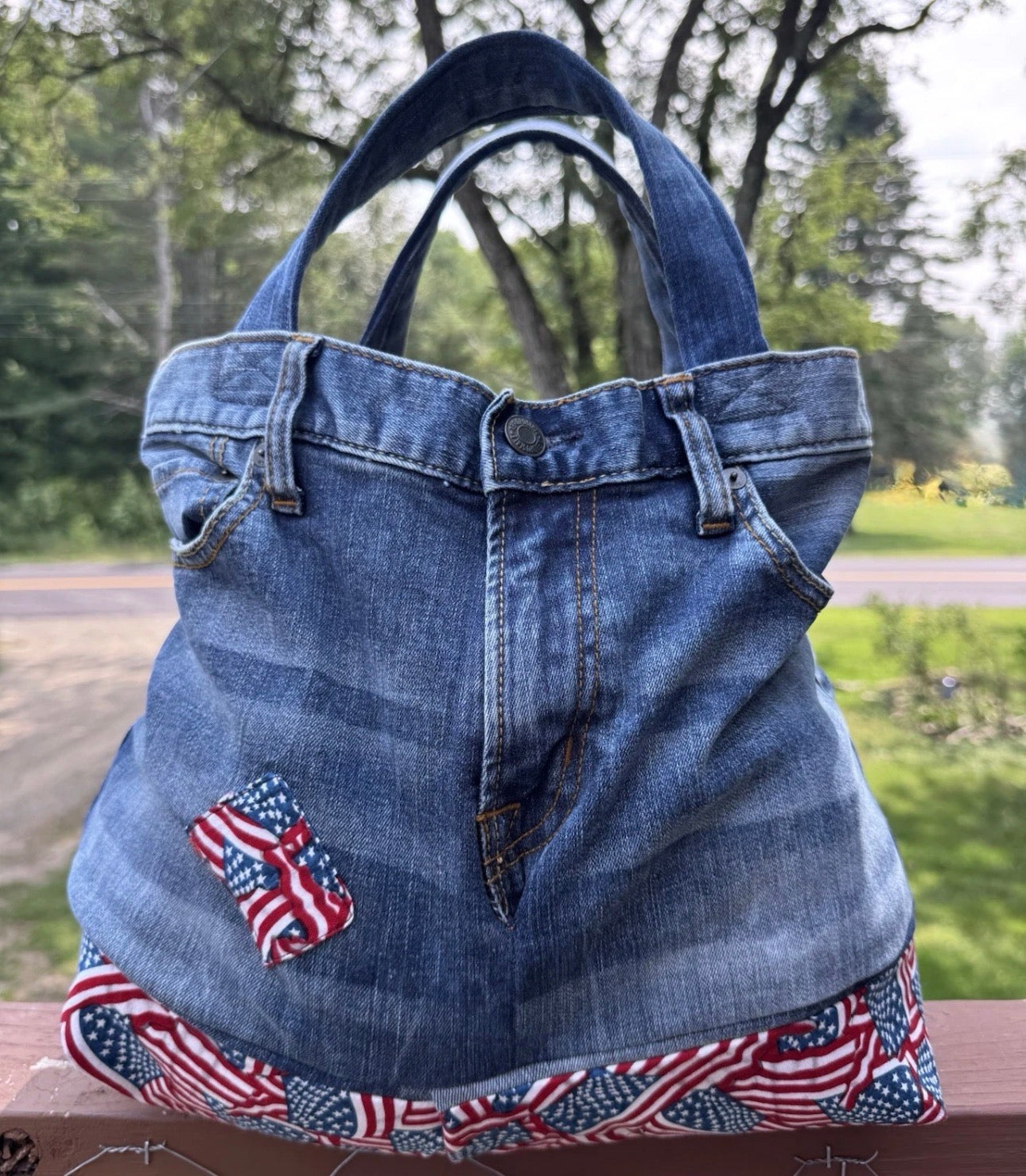 American Flag Jeans Handmade Medium Size Repurposed Denim Blue Jeans Bag Tote For Beach, Groceries, Work, Or Purse