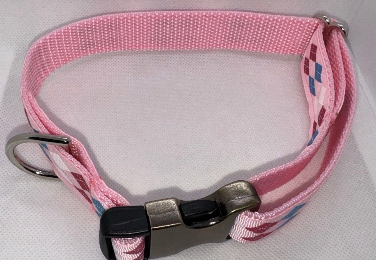 Large Handmade Heavy Duty Dog Collar Pink Plaid Valentine’s Print