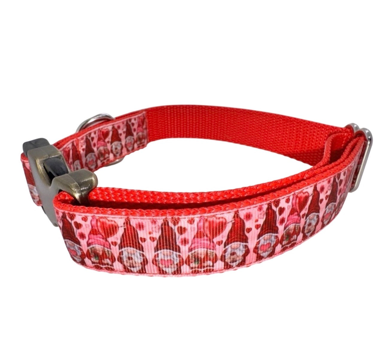 Dog Collar Pink & Red Gnomes Valentine’s Large Handmade Heavy Duty W/Buckle NEW