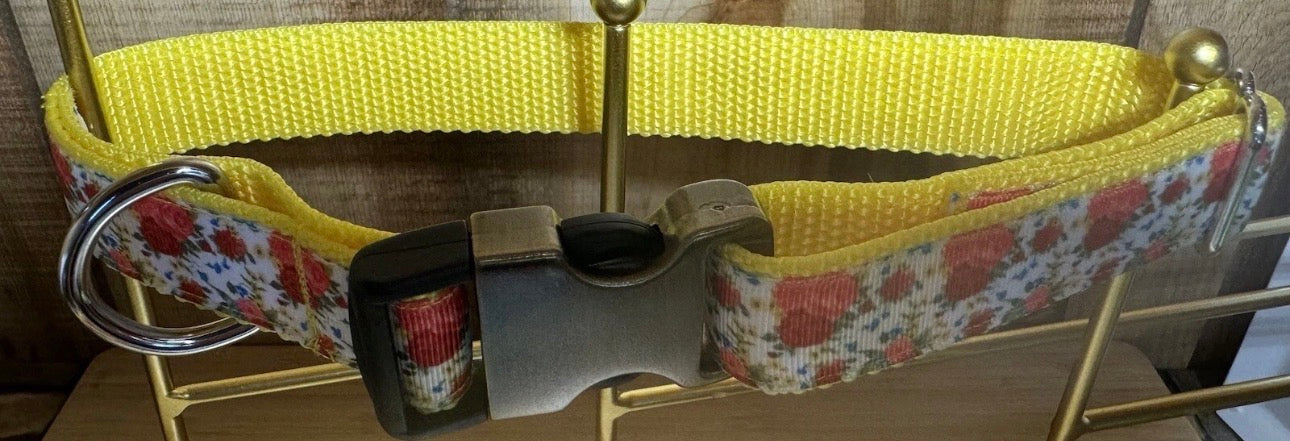 Dog Collar Yellow Flowers Large Handmade Heavy Duty NEW