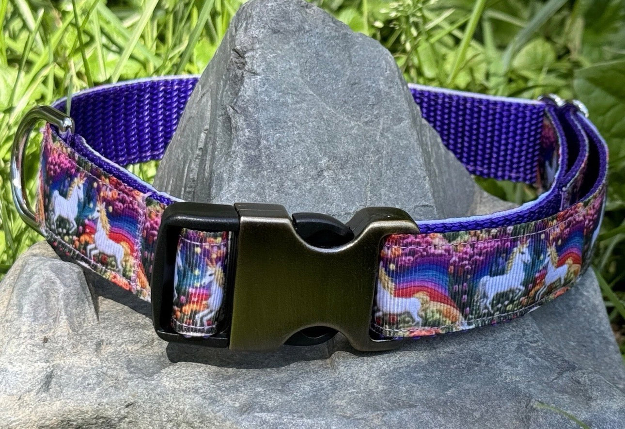 Dog Collar Purple Unicorn & Rainbows Large Handmade Heavy Duty W/Buckle NEW