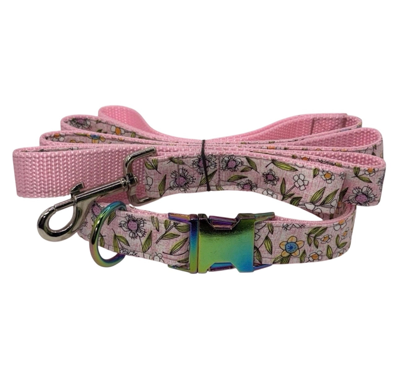 Dog Collar & Leash Pink Floral Print Large Handmade Heavy Duty NEW