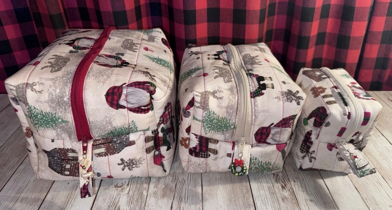 Boxy Makeup Bag Gnome Christmas Lumberjack Theme Set Of 3 Handmade Bags.