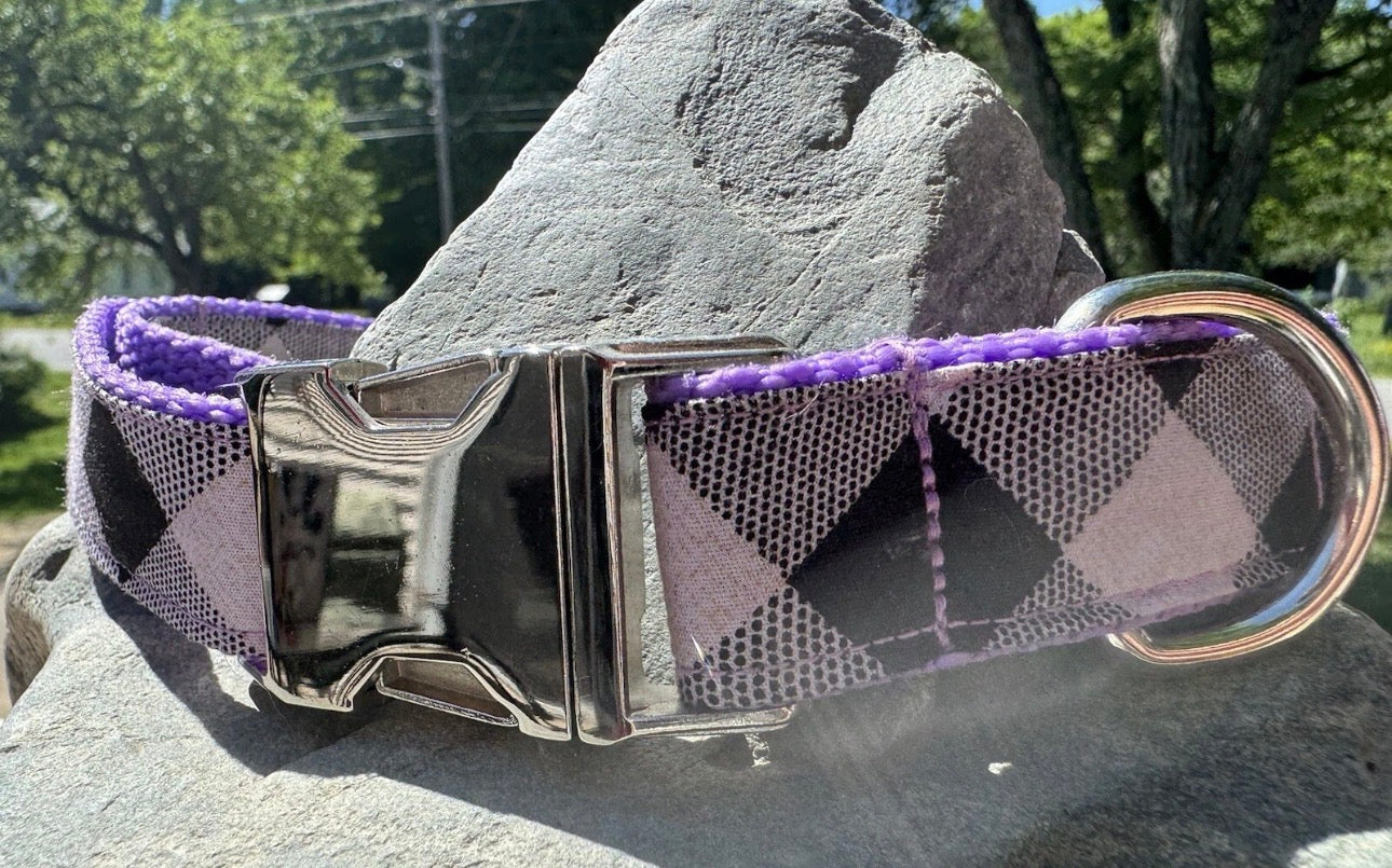Dog Collar Plaid Purple Large Handmade Heavy Duty Metal Buckle NEW