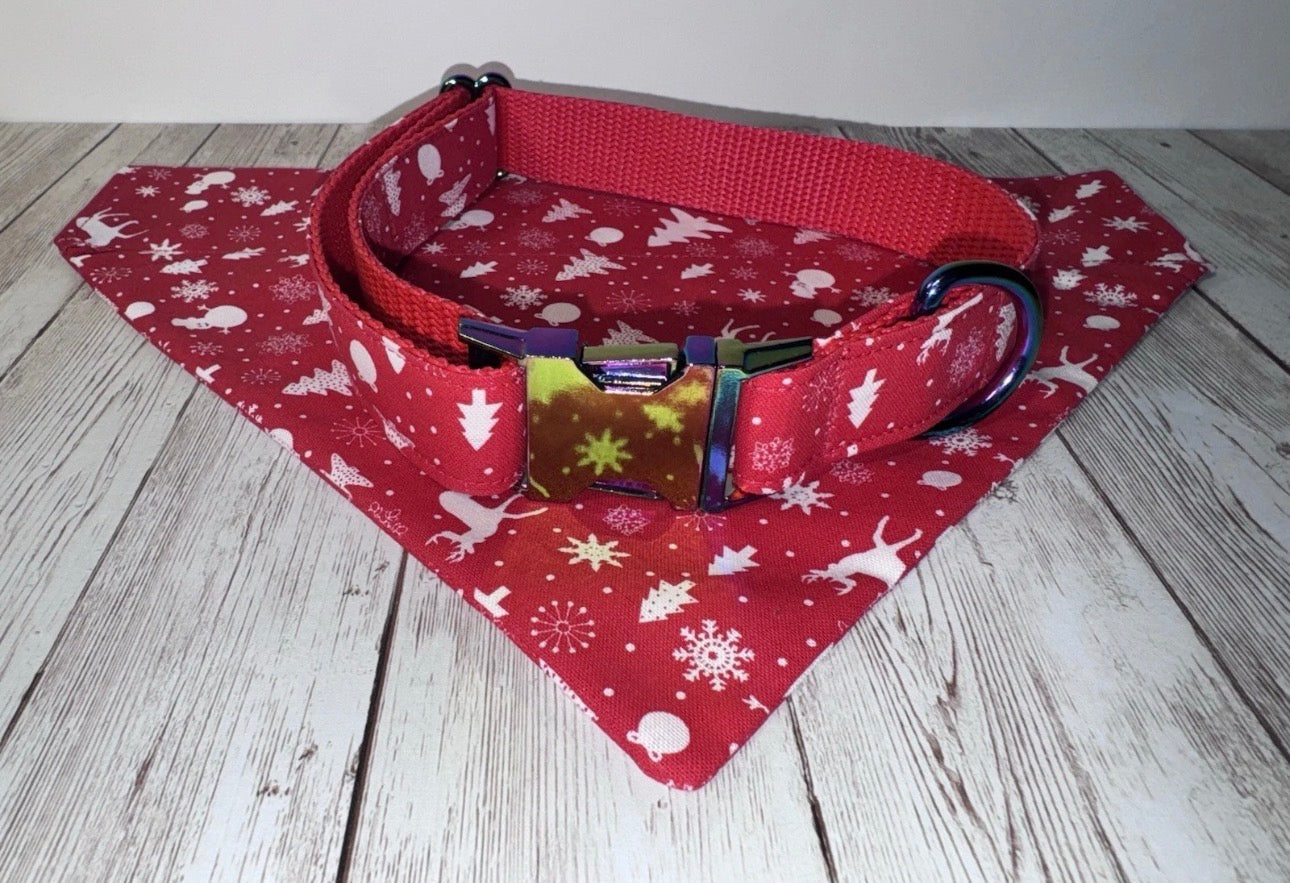 Dog Collar & Bandana Reindeer Red Christmas Theme Large Handmade Heavy Duty NEW