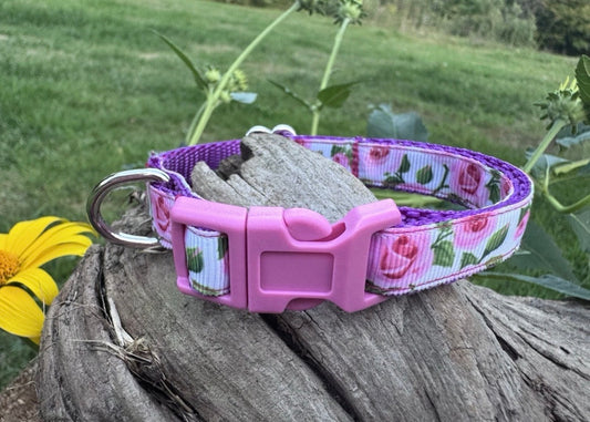 Dog/Cat/Puppy Heavy Duty Collar Pink With Flowers Roses Small Handmade NEW