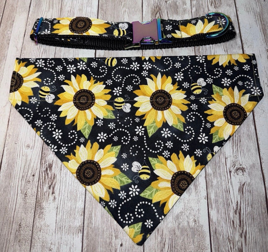 Dog Collar & Bandana Yellow Sunflower Print Large Handmade Heavy Duty NEW