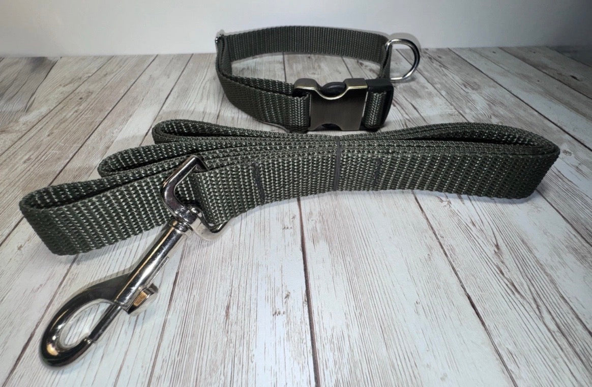 Dog Collar & Leash Hunter Green Woods Large Handmade Heavy Duty NEW