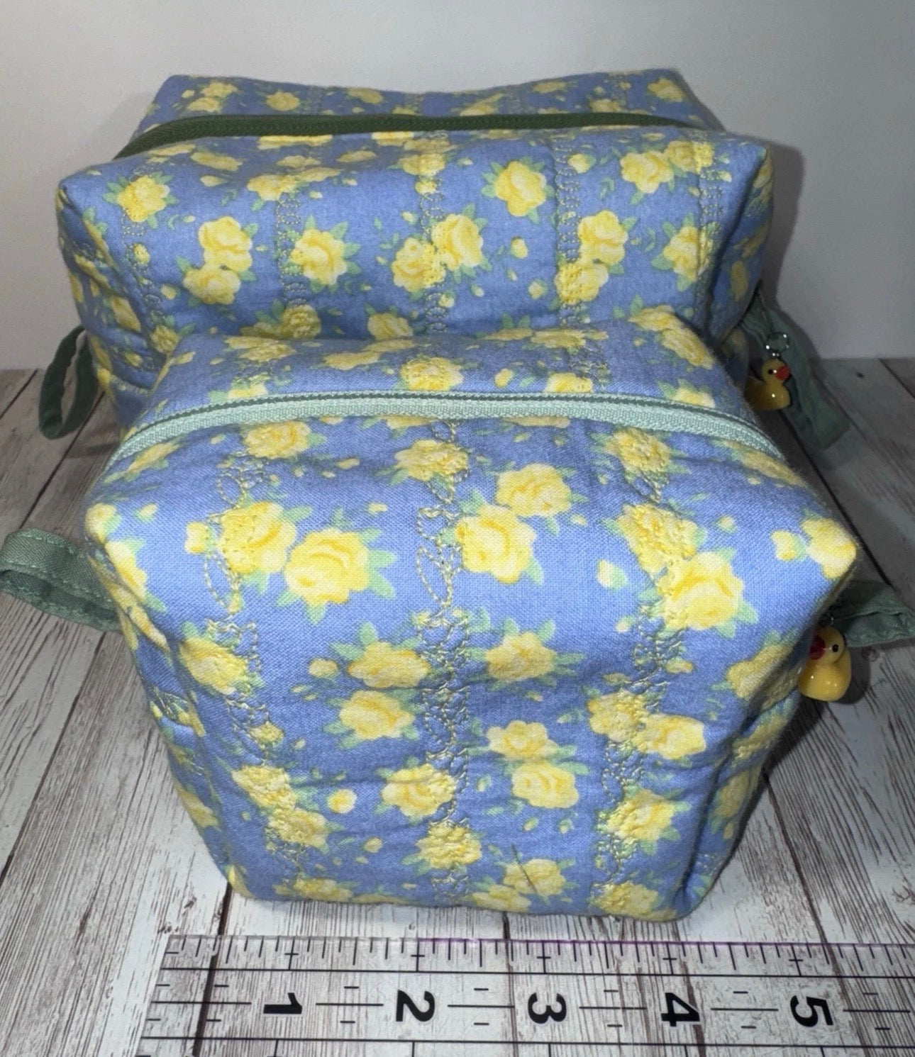 Boxy Makeup Bag Quilted Floral With Duck Charms Handmade Travel Bags Set Of 2