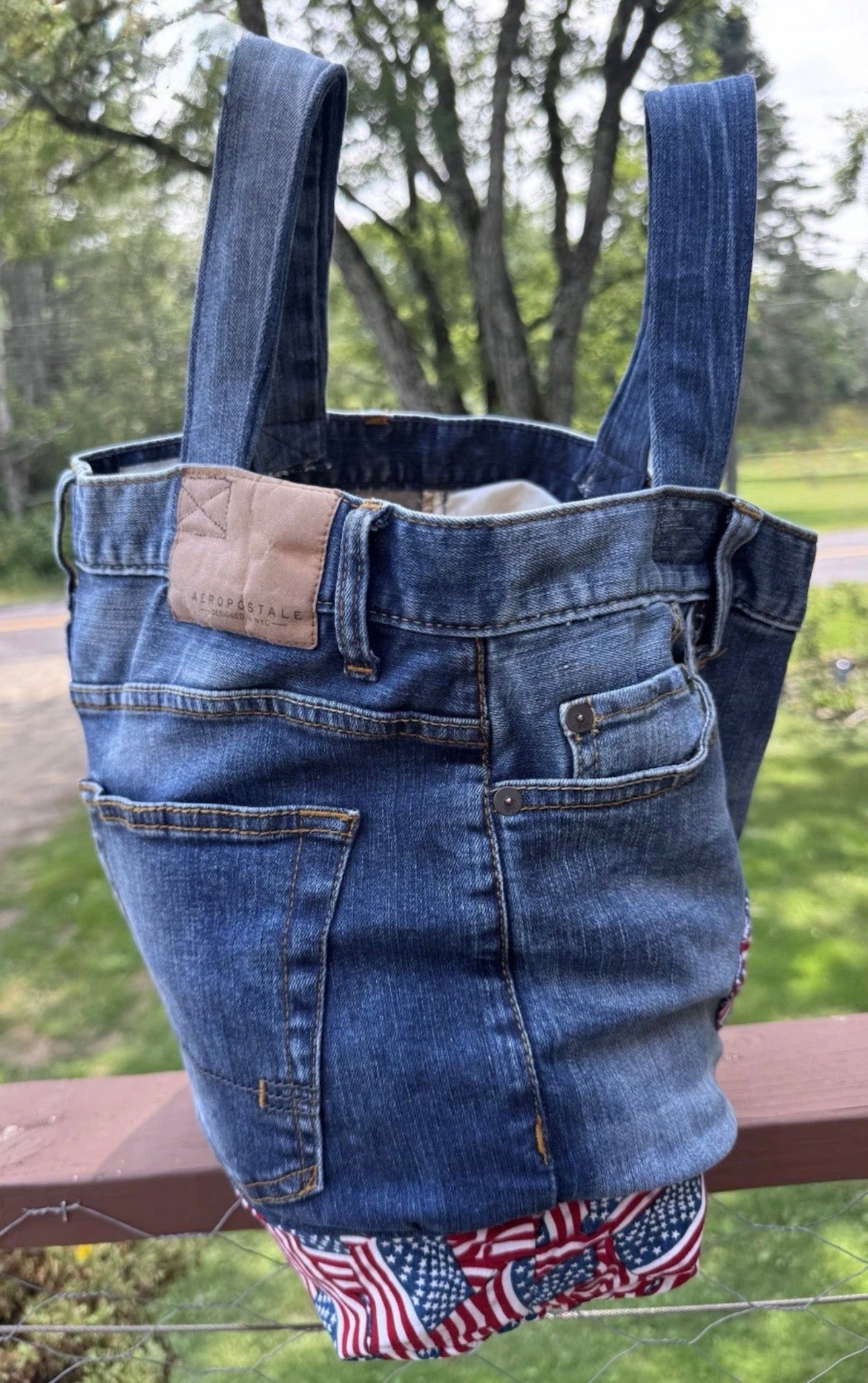 American Flag Jeans Handmade Medium Size Repurposed Denim Blue Jeans Bag Tote For Beach, Groceries, Work, Or Purse