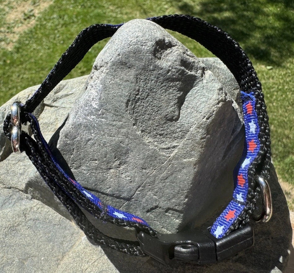 Dog/Cat/Puppy Collar Blue W/White & Red Stars  4th of July Small Handmade NEW