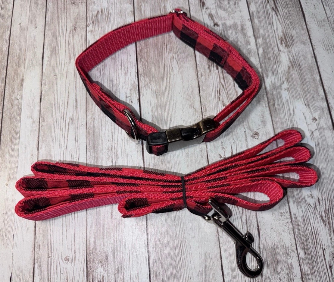 Dog Collar & Leash Buffalo Plaid Large Handmade Heavy Duty Multi Color Print NEW