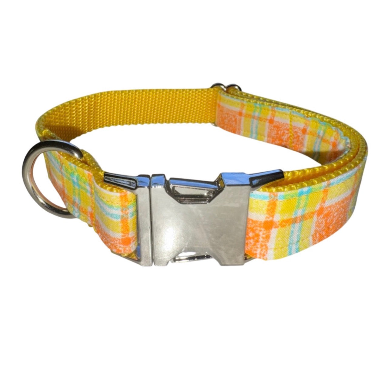 Dog Collar Leash & Bandana Set w/matching Scrunchie & Keychain Large Handmade Vintage Orange & Yellow Plaid Pattern Size Large Handmade